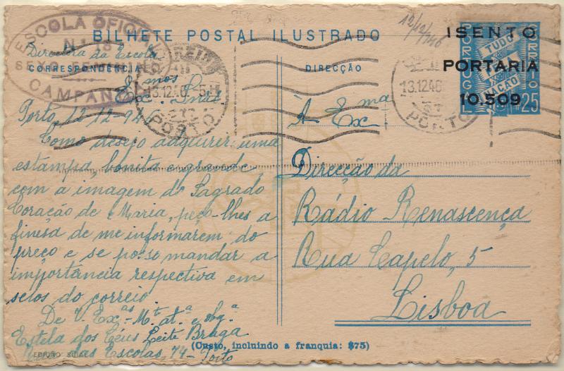 0429 f.jpg -     Lote:    429 (frente)                   Descrição:         1942 &mdash; Forças Mobilizadas. Selo "Tudo pela Nação" com sobrecarga a preto "ISENTO / PORTARIA / 10.509". FM2, ($25) azul claro. N.º 21 &mdash; Lisboa * Ermida da Senhora do Monte. Circulado do Porto (13.12.40) para Lisboa.        IC       Valor Base:     &euro; 10,00     Valor Venda:     &euro;      